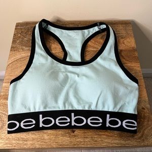 Bebe Sport pale aqua blue logo contrast trim seamless sports bra